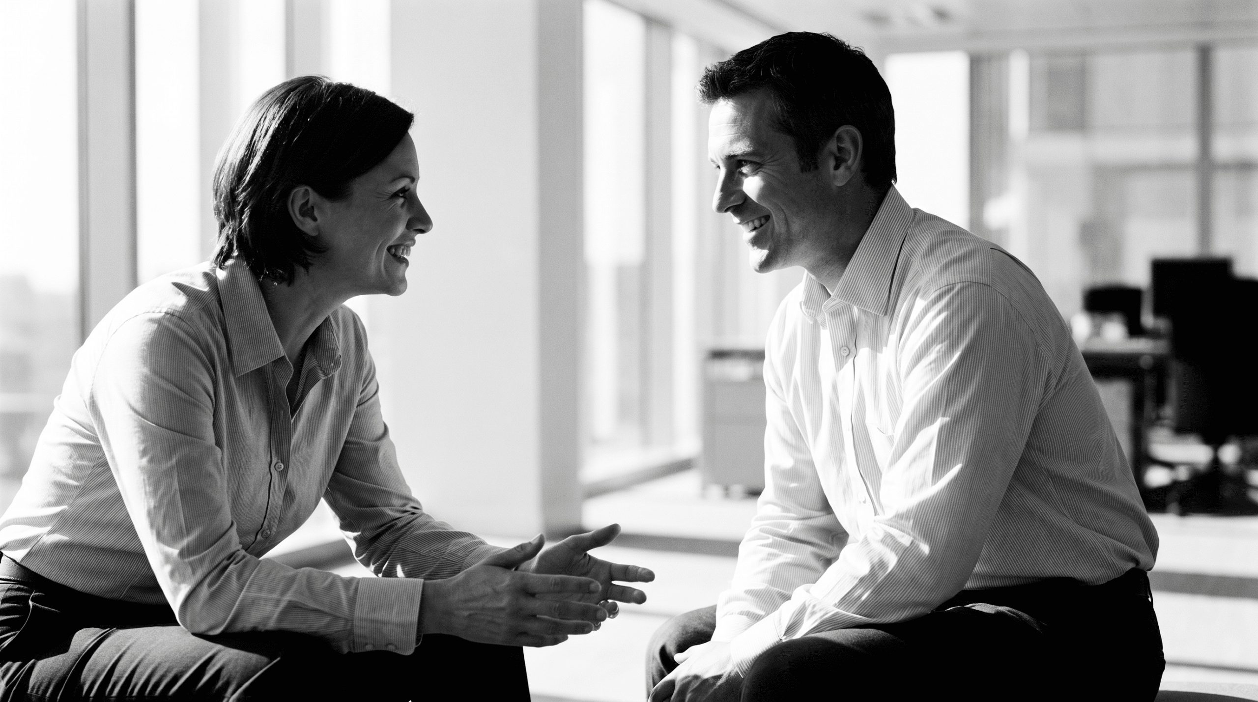 Dos profesionales conversando en una oficina luminosa