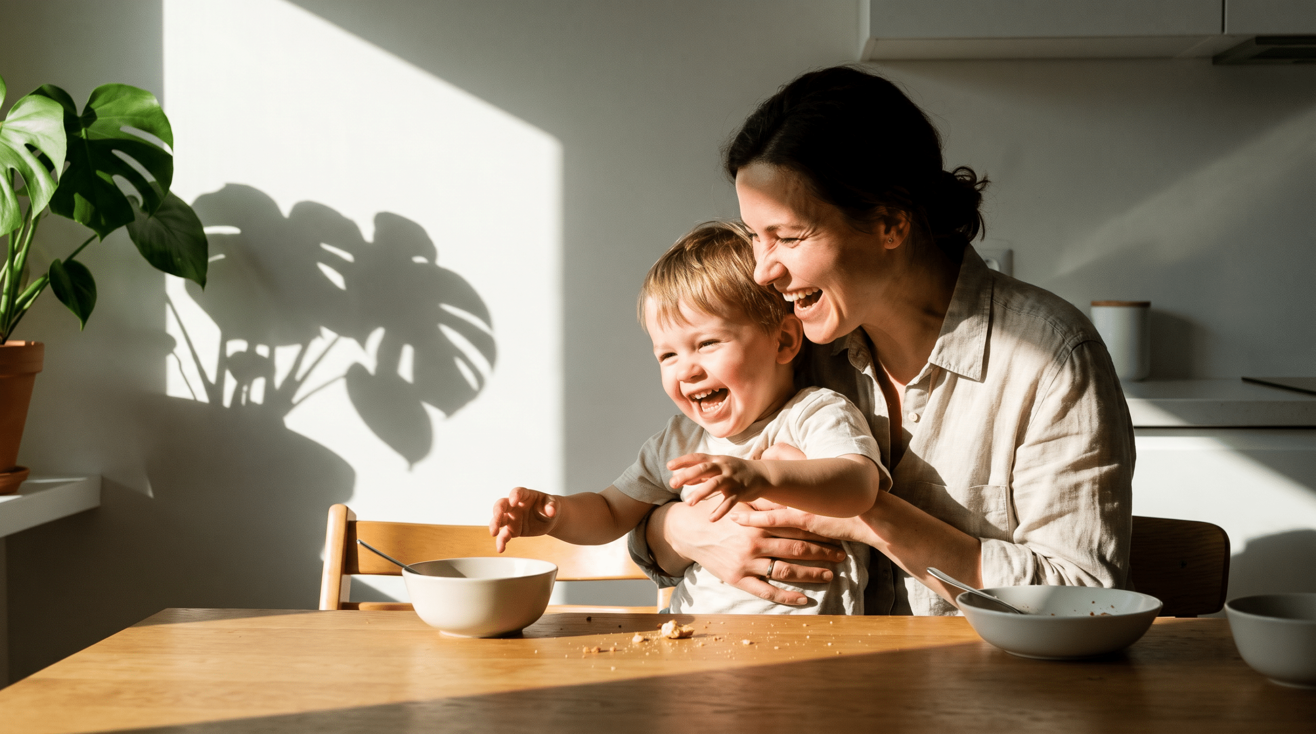 Padre e hijo riendo juntos en una mesa soleada