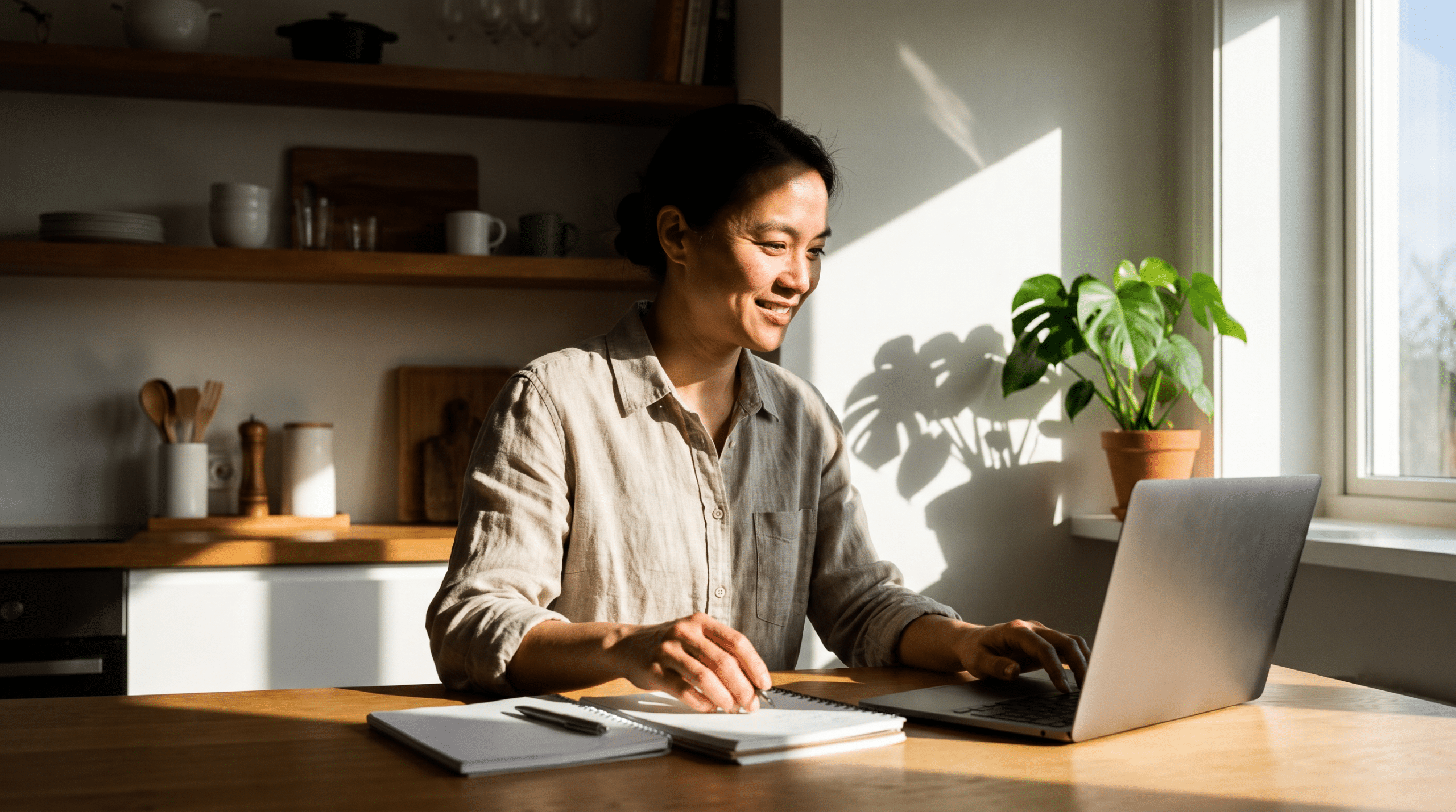 Persona trabajando con calma en un espacio luminoso, progreso constante